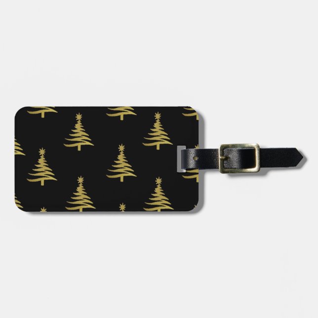 Étiquette À Bagage Arbres de Noël en or sur noir (Devant horizontal)