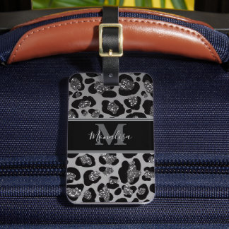 Étiquette À Bagage argent et noir glittery monogramisé personnalisé
