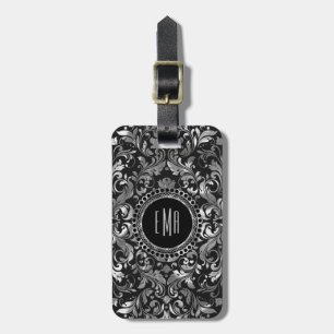 Étiquette À Bagage Argent métallique monogramme Orante Damas florales