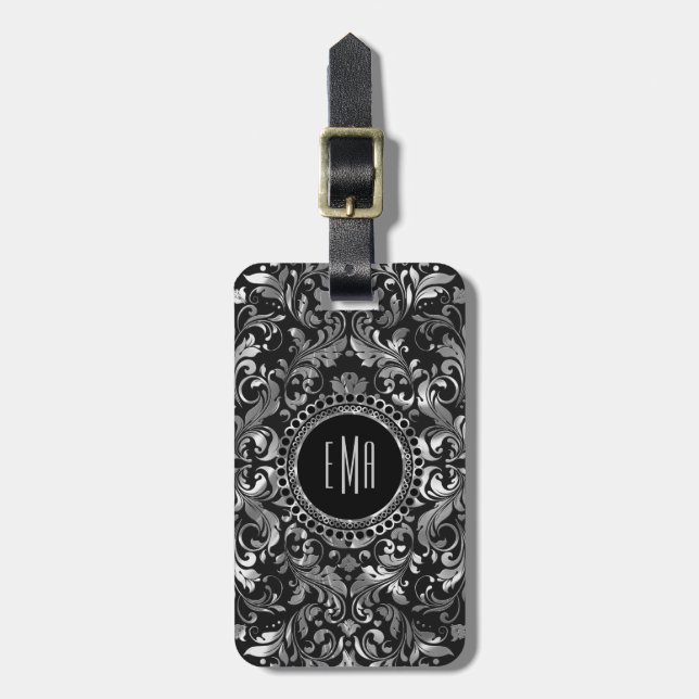 Étiquette À Bagage Argent métallique monogramme Orante Damas florales (Devant Vertical)