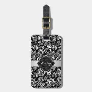 Étiquette À Bagage Argent Noir Et Métallique Vintage Damas Florales