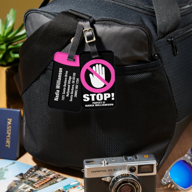 Étiquette À Bagage Arrêter Mains d'avertissement filles roses nom bag (Recto & Verso)