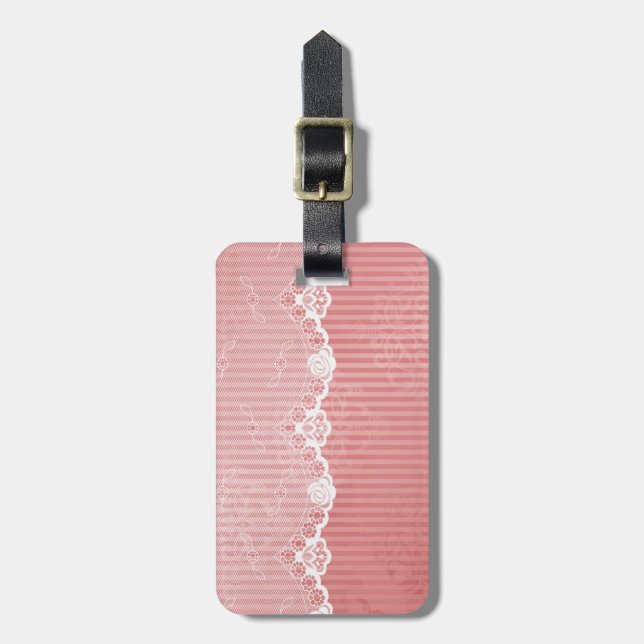 Étiquette À Bagage arrière - plan rose et blanc avec dentelle noire (Devant Vertical)