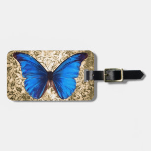 Étiquette À Bagage Art bleu de cru de damassé de papillon de monarque