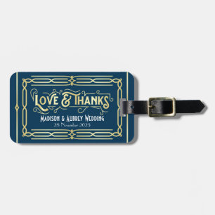Étiquette À Bagage Art Déco Mariage Love & Thanks Gold Blue Favor