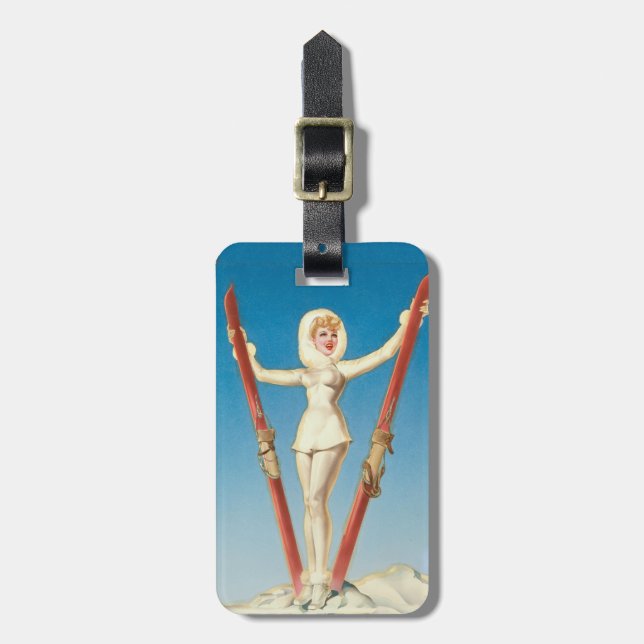 Étiquette À Bagage Art Déco Ski Blonde Pin Up (Devant Vertical)