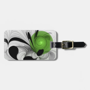 Étiquette À Bagage Art fractal abstrait noir et blanc avec du vert