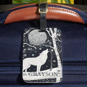 Étiquette À Bagage Art Nouveau Personnalisé Renard Loup Blanc Hiver