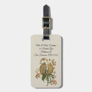 Étiquette À Bagage Art Nouveau vintage, Cockatoo Bird, Fleurs d'orchi