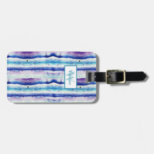 Étiquette À Bagage Artsy Turquoise, Bleu marine, Flux d'aquarelle vio