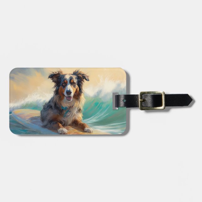 Étiquette À Bagage Australian Shepherd Beach Surfing Peinture (Devant horizontal)