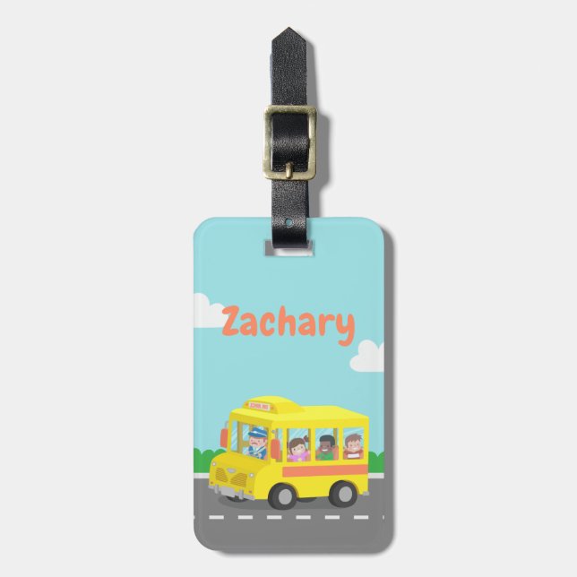 Étiquette À Bagage Autobus scolaire jaune et étiquette heureuse de (Devant Vertical)