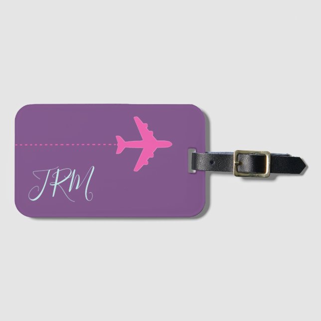 Étiquette À Bagage avion rose personnalisé sur violet monogrammed (Devant Horizontal)