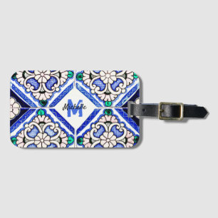 Étiquette À Bagage Azulejo Motif espagnol Carreaux marine Monogramme 