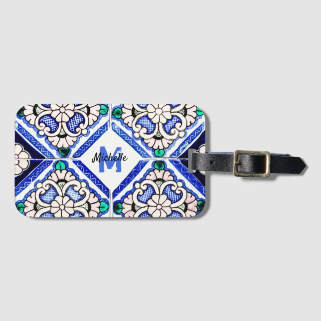 Étiquette À Bagage Azulejo Motif espagnol Carreaux marine Monogramme  (Devant Horizontal)