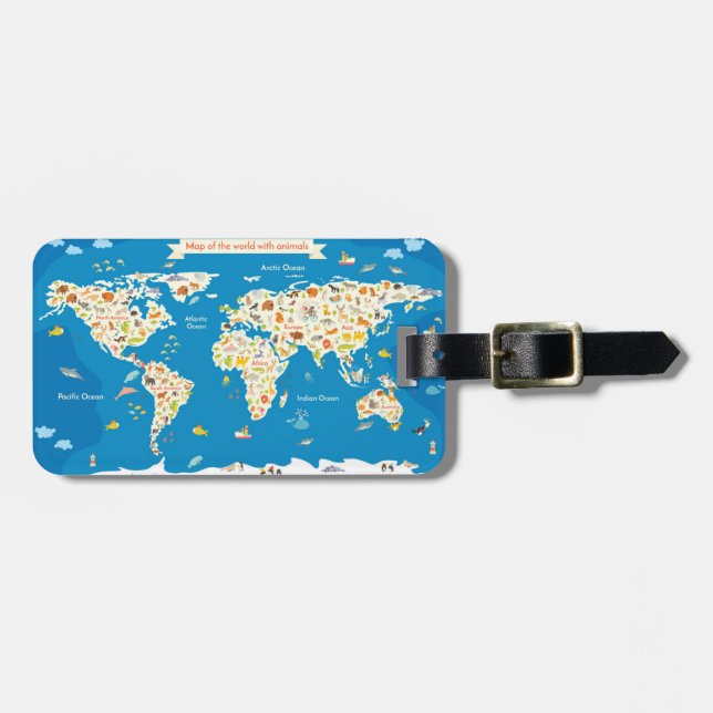 Étiquette À Bagage Badine la carte du monde avec des animaux (Devant horizontal)