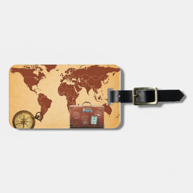 Étiquette À Bagage bagage de voyage sur la carte du monde (Devant horizontal)