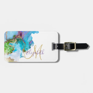 Étiquette À Bagage Bagages Monogramme Aquarelle Feuille D'or