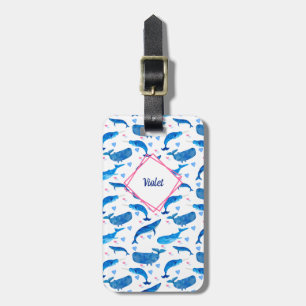 Étiquette À Bagage Baleine narval & motif cœur personnalisé bleu de b