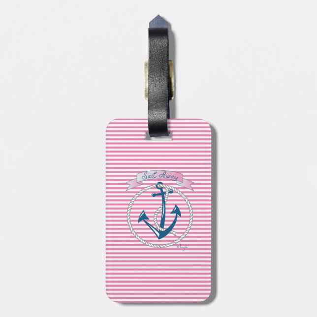 Étiquette À Bagage Balise Ancre marine, rose, Bleu Stripes Bag (Dos Vertical)