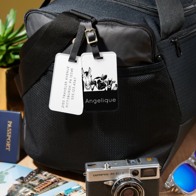 Étiquette À Bagage Balise bagage animaux de ferme en noir et blanc (Recto & Verso)