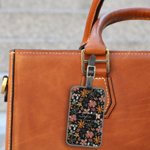 Étiquette À Bagage Balise bagage jaune orangé motif floral noir