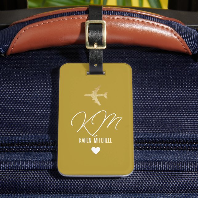 Étiquette À Bagage Balise bagage Monogramme Avion Dusty Mustard (Insitu Rectoal 2)