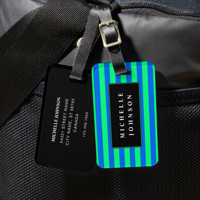 Étiquette À Bagage Balise de bagage à rayures bleu vert (Créateur téléchargé)