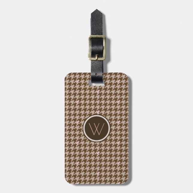 Étiquette À Bagage Balise de bagage Brown avec Rose Gold Houndstooth (Devant Vertical)
