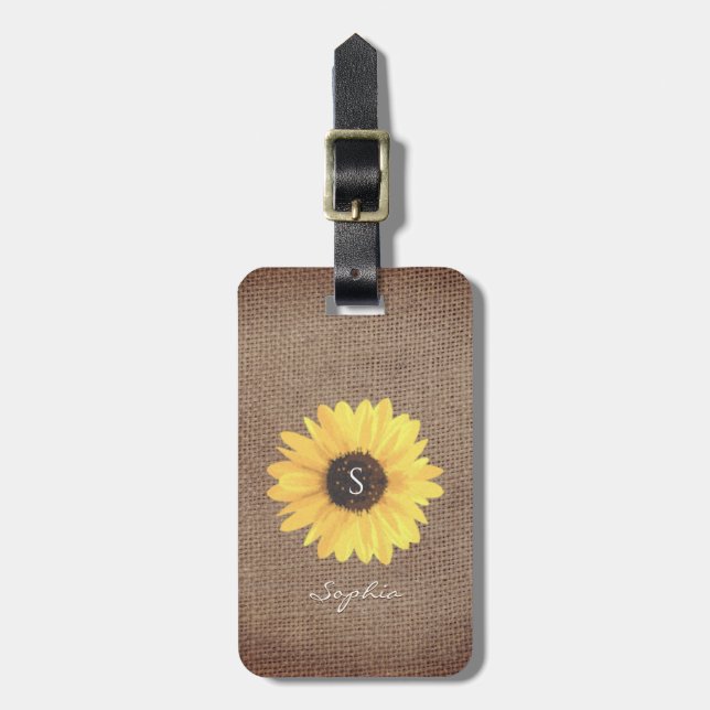 Étiquette À Bagage Balise de bagage de monogramme de tournesol rustiq (Devant Vertical)