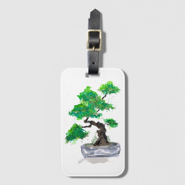 Étiquette À Bagage Balise de bagage en aquarelle Green Bonsai (Devant Vertical)