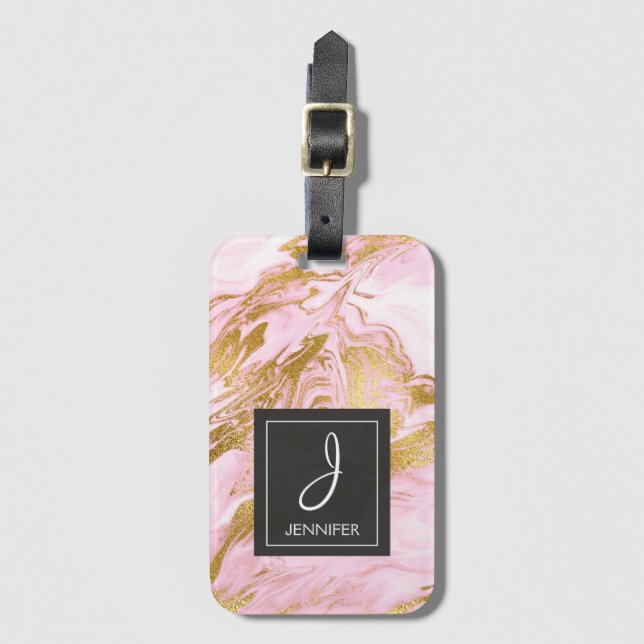 Étiquette À Bagage Balise de bagage en marbre rose et or (Devant Vertical)