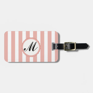 Étiquette À Bagage Balise de bagage en monogramme blanc rose rayé