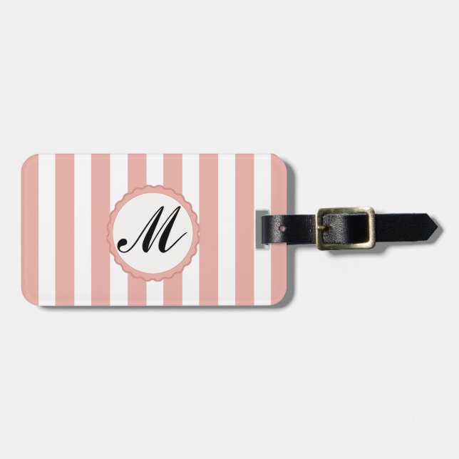 Étiquette À Bagage Balise de bagage en monogramme blanc rose rayé (Devant horizontal)