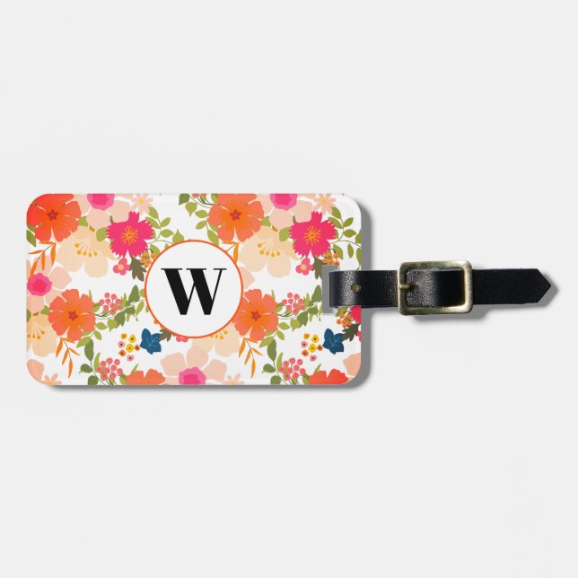 Étiquette À Bagage Balise de bagage floral orange monogramme (Devant horizontal)