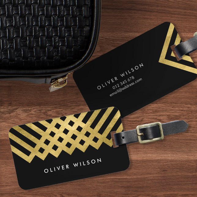 Étiquette À Bagage Balise de bagage géométrique Gras Black Faux Gold (Créateur téléchargé)