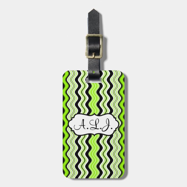 Étiquette À Bagage Balise de bagage Lime, Black, White Wavy Stripes (Devant Vertical)