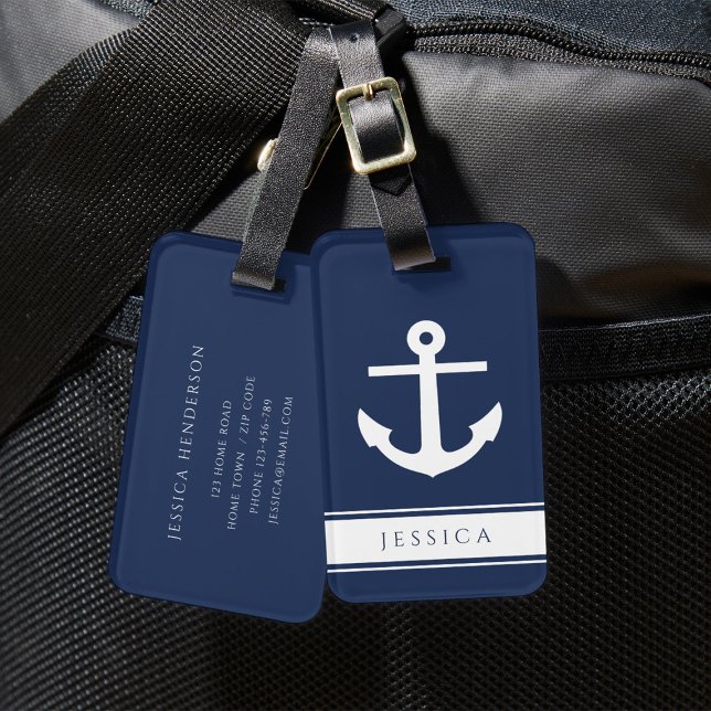 Étiquette À Bagage Balise de bagage marine bleu marine (Nautical Anchor Custom Name Navy Blue Luggage Tag)