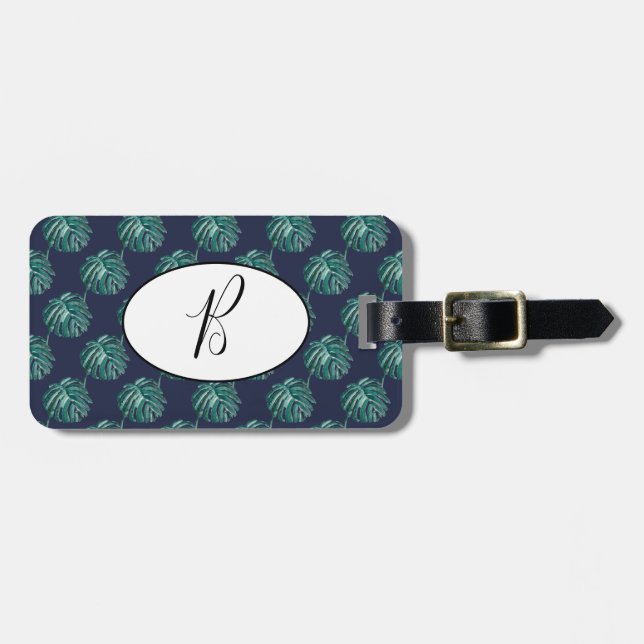 Étiquette À Bagage Balise de bagage Monogram Palm Print Turquoise (Devant horizontal)