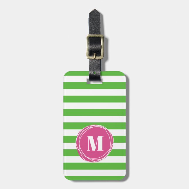 Étiquette À Bagage Balise de bagage Monogramme Moderne Vert Et Rose (Devant Vertical)