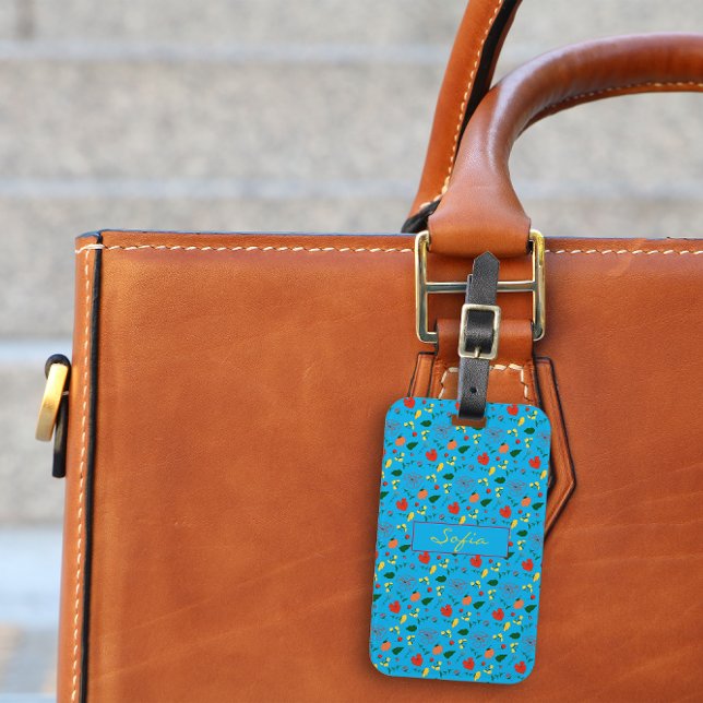 Étiquette À Bagage Balise de bagage motif turquoise fleur sauvage rou (Créateur téléchargé)