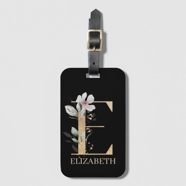 Étiquette À Bagage Balise de bagage personnalisée E Monogramme Floral (Devant Vertical)