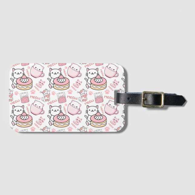 Étiquette À Bagage Balise de bagage pour chats rose et blanc mignon (Devant Horizontal)