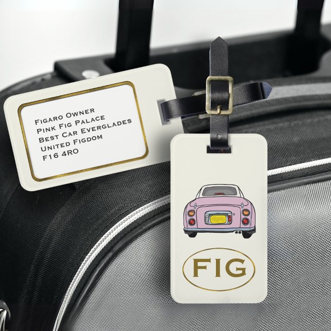 Étiquette À Bagage Balise de bagage pour voiture Figaro rose mignonne (Fun pink figgy luggage tag for your road trip adventures. Just add your initials and address details)