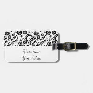 Étiquette À Bagage Balise de bagage Retro noir Fleurs blanches