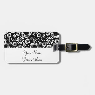 Étiquette À Bagage Balise de bagage Retro noir Fleurs blanches