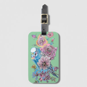 Étiquette À Bagage Balise de bagages Blue Budgie GreenFloral Watercol