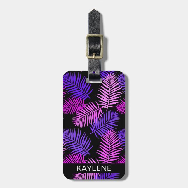 Étiquette À Bagage Balise de bagages Feuille de palme rose et violet (Devant Vertical)