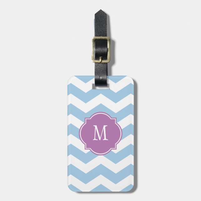 Étiquette À Bagage Balise de bagages Monogramme Chevron bleu et blanc (Devant Vertical)
