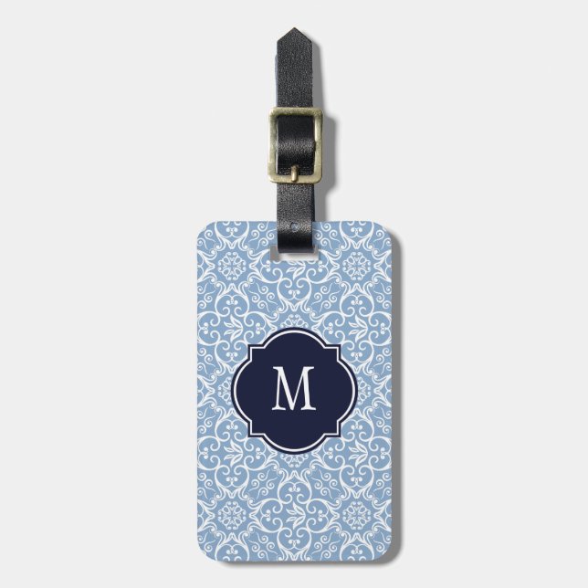 Étiquette À Bagage Balise de bagages Monogramme Damas bleu et blanc (Devant Vertical)
